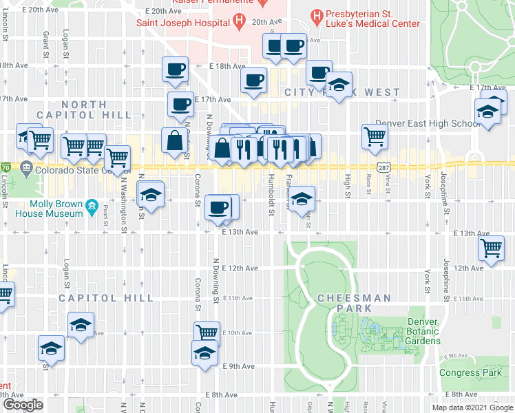 map of restaurants, bars, coffee shops, grocery stores, and more near 1359 Humboldt Street in Denver