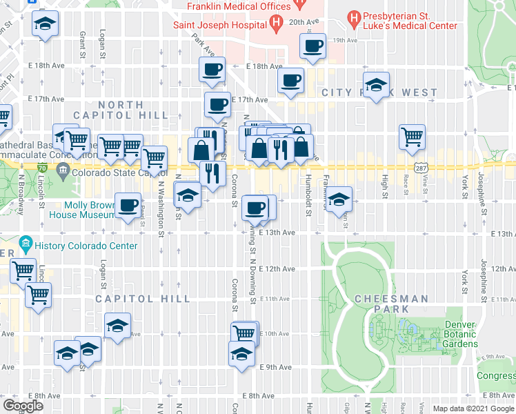 map of restaurants, bars, coffee shops, grocery stores, and more near 1356 North Downing Street in Denver