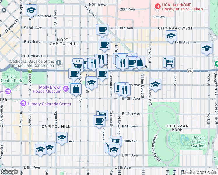 map of restaurants, bars, coffee shops, grocery stores, and more near 1365 Corona Street in Denver