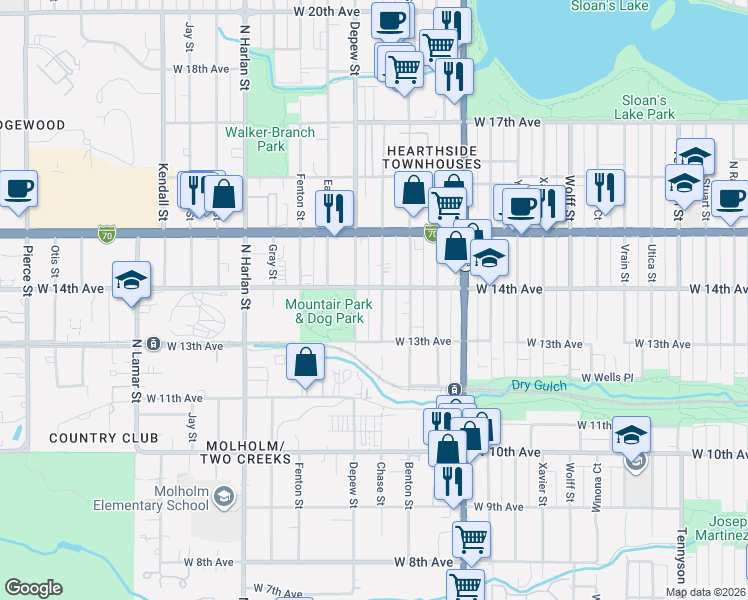 map of restaurants, bars, coffee shops, grocery stores, and more near 1357 Chase Street in Lakewood