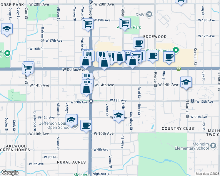 map of restaurants, bars, coffee shops, grocery stores, and more near 1383 Upham Street in Lakewood