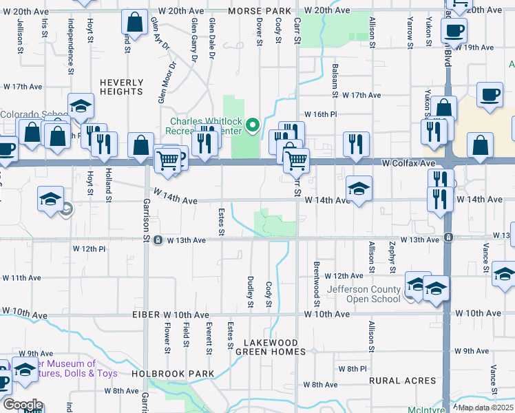 map of restaurants, bars, coffee shops, grocery stores, and more near 8590 West 14th Avenue in Lakewood