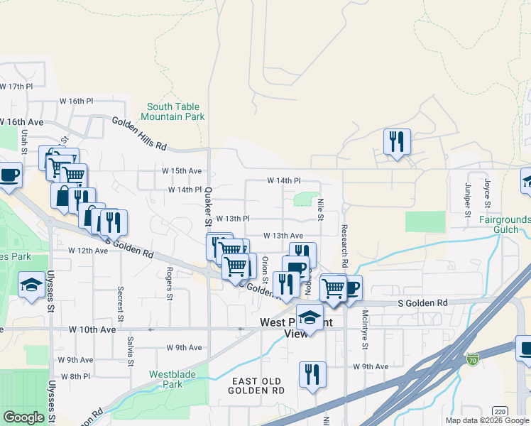 map of restaurants, bars, coffee shops, grocery stores, and more near 16165 West 13th Place in Golden