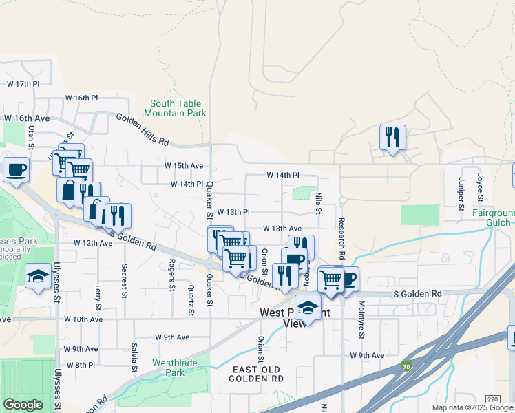 map of restaurants, bars, coffee shops, grocery stores, and more near 16165 West 13th Place in Golden