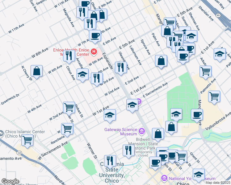 map of restaurants, bars, coffee shops, grocery stores, and more near 1154 Magnolia Avenue in Chico