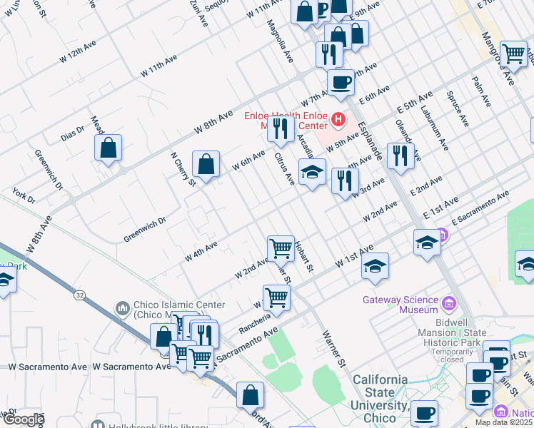 map of restaurants, bars, coffee shops, grocery stores, and more near 1283 Hobart Street in Chico