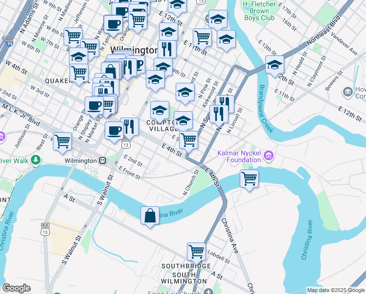 map of restaurants, bars, coffee shops, grocery stores, and more near 77 Mulberry Run in Wilmington