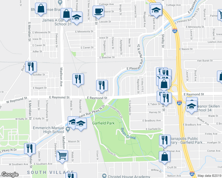 map of restaurants, bars, coffee shops, grocery stores, and more near 2155 Singleton Street in Indianapolis