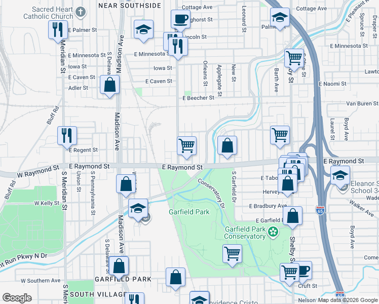map of restaurants, bars, coffee shops, grocery stores, and more near 2155 Singleton Street in Indianapolis