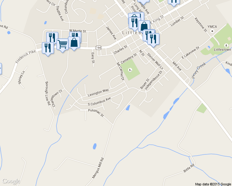 map of restaurants, bars, coffee shops, grocery stores, and more near 316 South Columbus Avenue in Littlestown