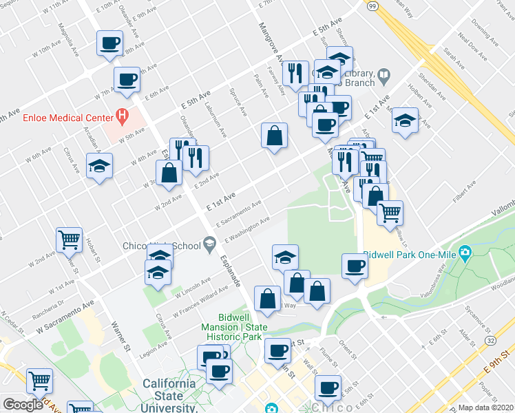 map of restaurants, bars, coffee shops, grocery stores, and more near 291 East Sacramento Avenue in Chico