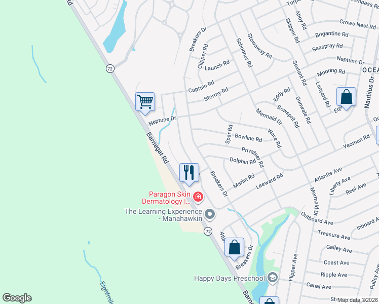 map of restaurants, bars, coffee shops, grocery stores, and more near 324 Leeward Rd in Stafford Township