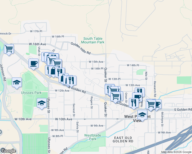 map of restaurants, bars, coffee shops, grocery stores, and more near 16505 W 12th Dr in Golden