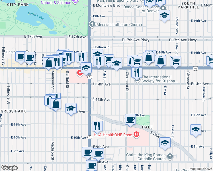 map of restaurants, bars, coffee shops, grocery stores, and more near 1390 Ash Street in Denver