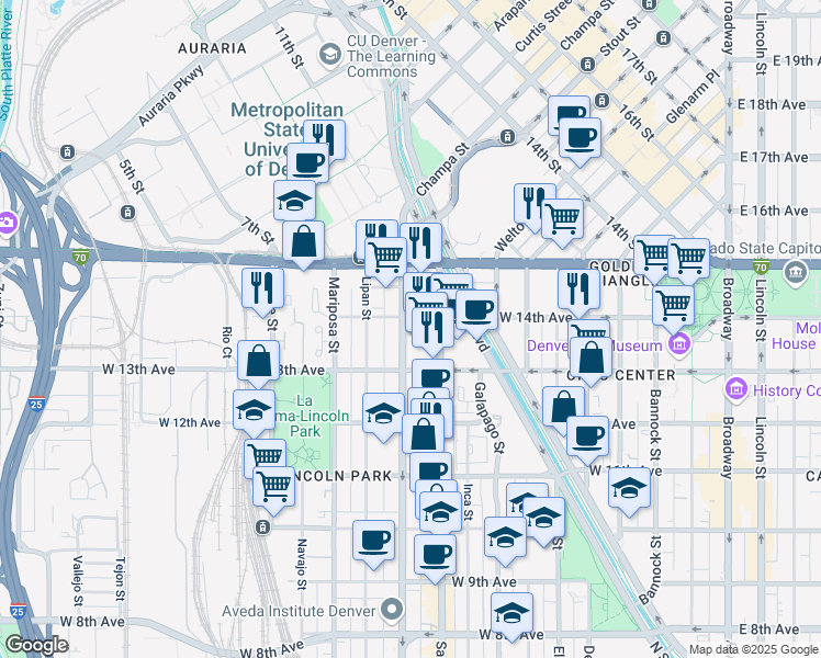 map of restaurants, bars, coffee shops, grocery stores, and more near 1366 Kalamath Street in Denver