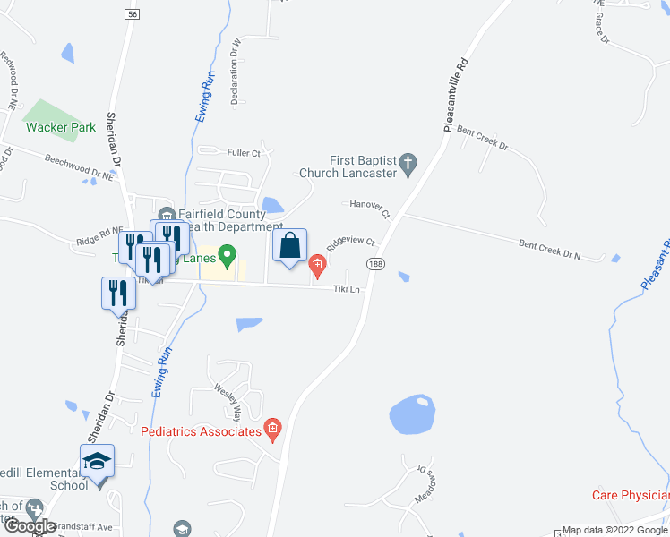 map of restaurants, bars, coffee shops, grocery stores, and more near 1673 Tiki Lane in Lancaster