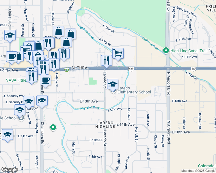 map of restaurants, bars, coffee shops, grocery stores, and more near 1400 Laredo Street in Aurora