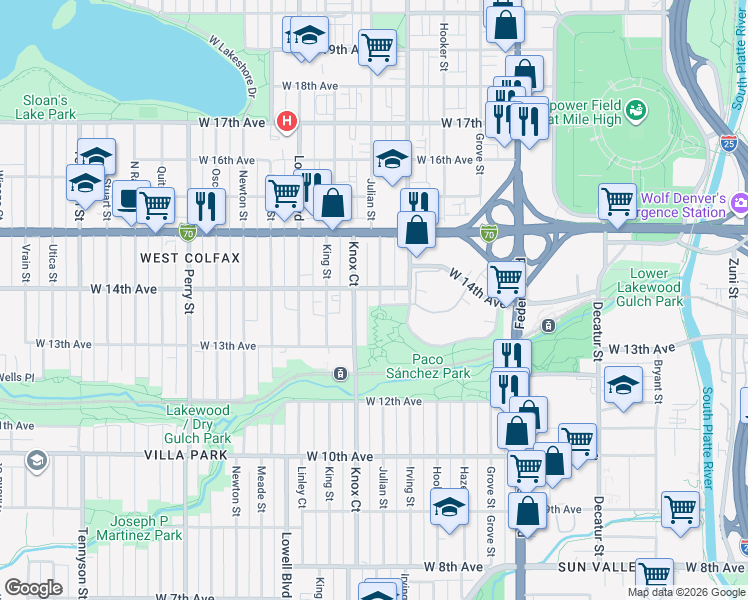 map of restaurants, bars, coffee shops, grocery stores, and more near 1370 Julian Street in Denver