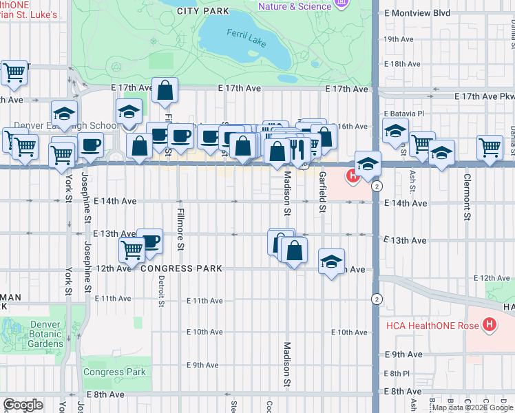 map of restaurants, bars, coffee shops, grocery stores, and more near 1357 Cook Street in Denver