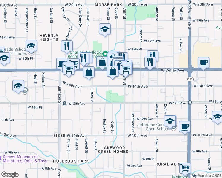 map of restaurants, bars, coffee shops, grocery stores, and more near 8590 West 14th Avenue in Lakewood