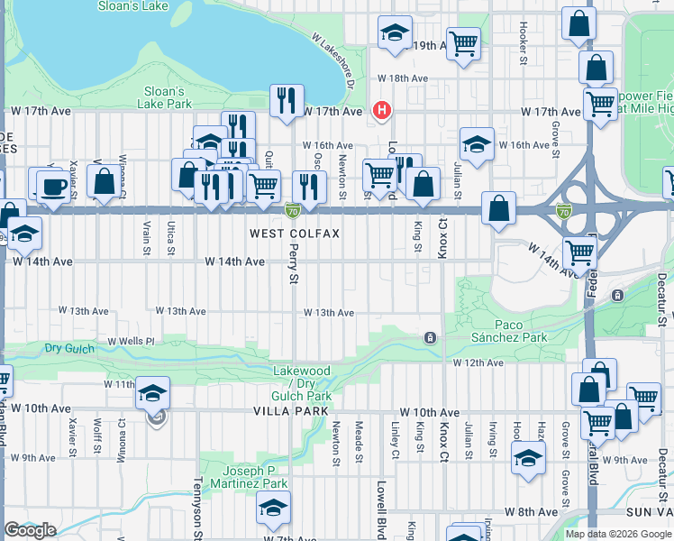 map of restaurants, bars, coffee shops, grocery stores, and more near 1377 Newton Street in Denver