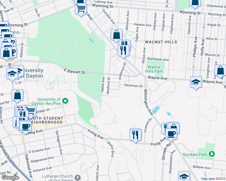 map of restaurants, bars, coffee shops, grocery stores, and more near 18 Mello Avenue in Dayton