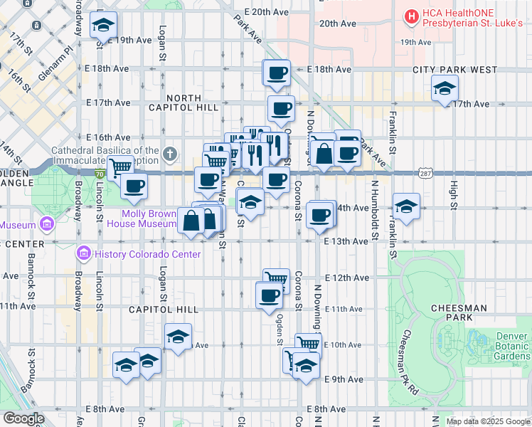 map of restaurants, bars, coffee shops, grocery stores, and more near 700 Colorado Boulevard in Denver
