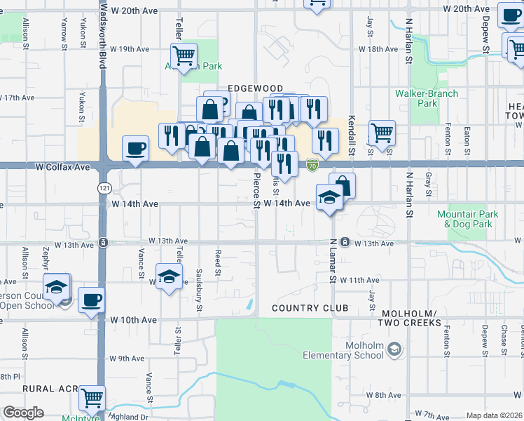 map of restaurants, bars, coffee shops, grocery stores, and more near in Lakewood
