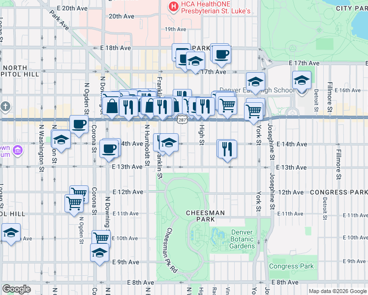 map of restaurants, bars, coffee shops, grocery stores, and more near 1375 North Williams Street in Denver