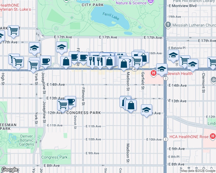 map of restaurants, bars, coffee shops, grocery stores, and more near 1380 Steele Street in Denver