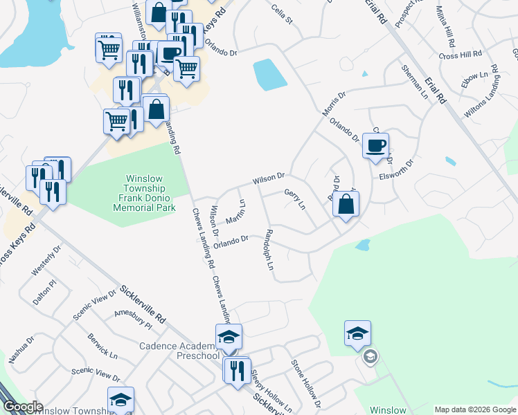 map of restaurants, bars, coffee shops, grocery stores, and more near 12 Randolph Lane in Winslow Township