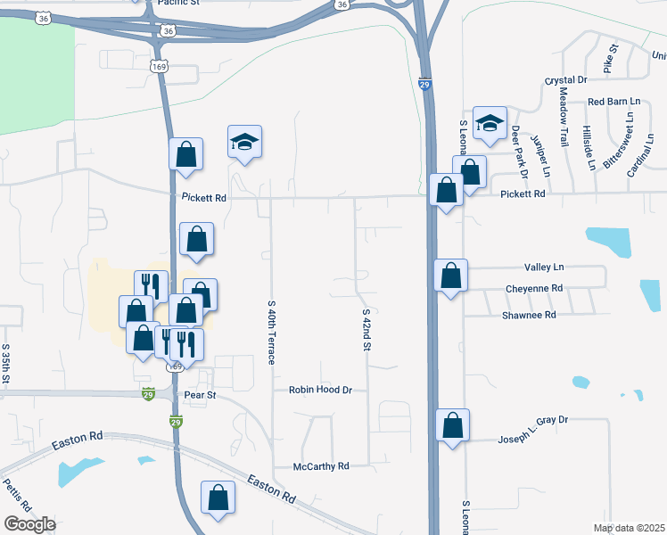 map of restaurants, bars, coffee shops, grocery stores, and more near 2906 South 42nd Street in Saint Joseph