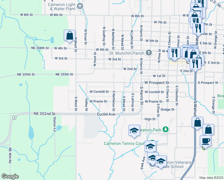 map of restaurants, bars, coffee shops, grocery stores, and more near 218 South Nettleton Street in Cameron