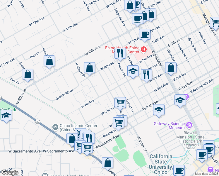 map of restaurants, bars, coffee shops, grocery stores, and more near 548 West 4th Avenue in Chico