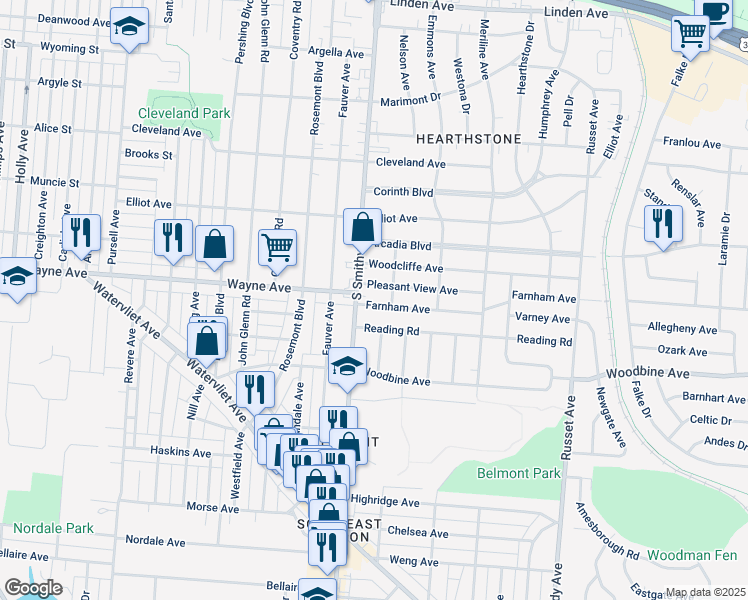 map of restaurants, bars, coffee shops, grocery stores, and more near 4021 Farnham Avenue in Dayton