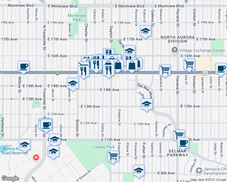 map of restaurants, bars, coffee shops, grocery stores, and more near in Aurora