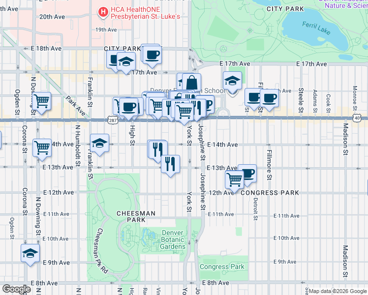 map of restaurants, bars, coffee shops, grocery stores, and more near in Denver