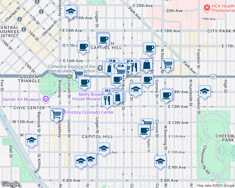 map of restaurants, bars, coffee shops, grocery stores, and more near 1365 North Washington Street in Denver