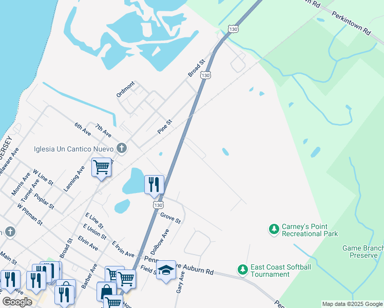 map of restaurants, bars, coffee shops, grocery stores, and more near 82 East Del-A-Vue Avenue in Carneys Point Township