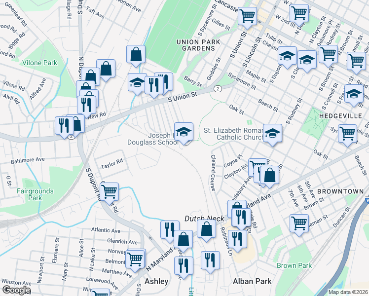 map of restaurants, bars, coffee shops, grocery stores, and more near 1800 Prospect Road in Wilmington