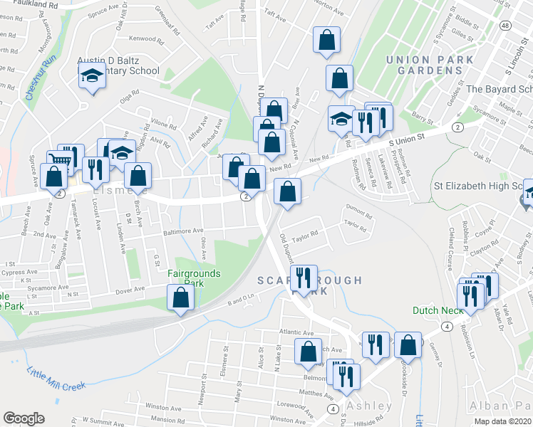 map of restaurants, bars, coffee shops, grocery stores, and more near 108 South Dupont Road in Elsmere