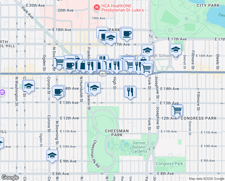 map of restaurants, bars, coffee shops, grocery stores, and more near 1375 High Street in Denver