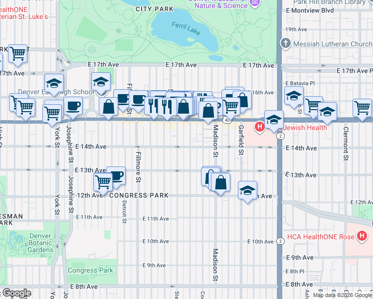 map of restaurants, bars, coffee shops, grocery stores, and more near in Denver