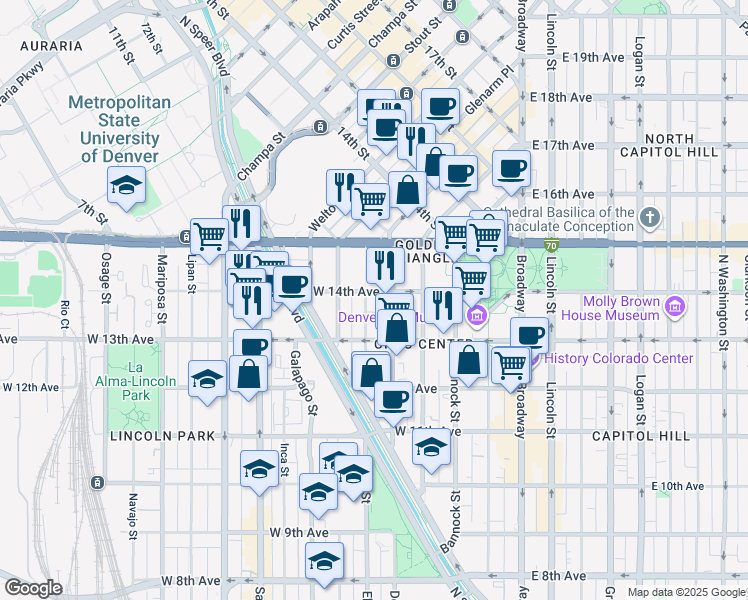 map of restaurants, bars, coffee shops, grocery stores, and more near 490 West 14th Avenue in Denver