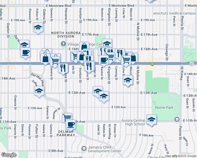 map of restaurants, bars, coffee shops, grocery stores, and more near 10950 East 14th Avenue in Aurora