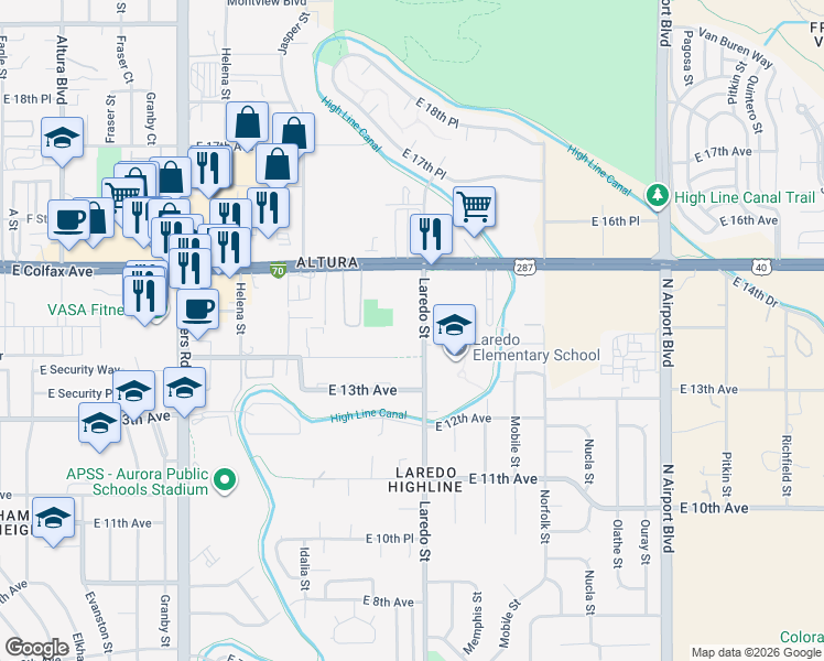 map of restaurants, bars, coffee shops, grocery stores, and more near 1400 Laredo Street in Aurora