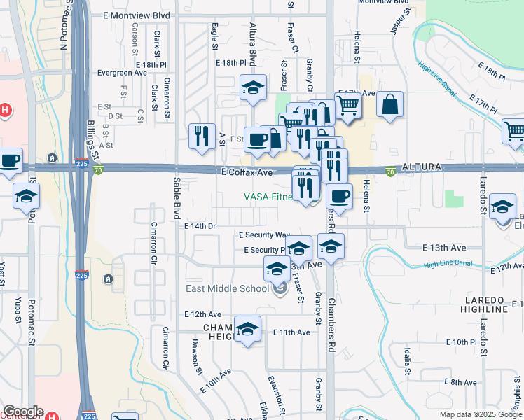 map of restaurants, bars, coffee shops, grocery stores, and more near 14895 East Security Way in Aurora