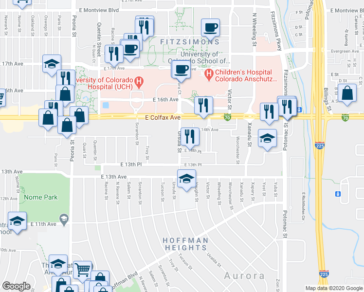 map of restaurants, bars, coffee shops, grocery stores, and more near 13033 East 14th Place in Aurora