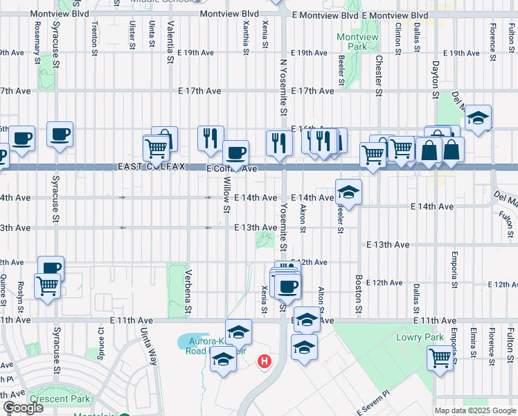map of restaurants, bars, coffee shops, grocery stores, and more near 1270 Xenia Street in Denver