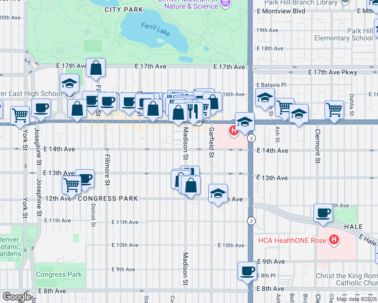 map of restaurants, bars, coffee shops, grocery stores, and more near 1364 Madison Street in Denver